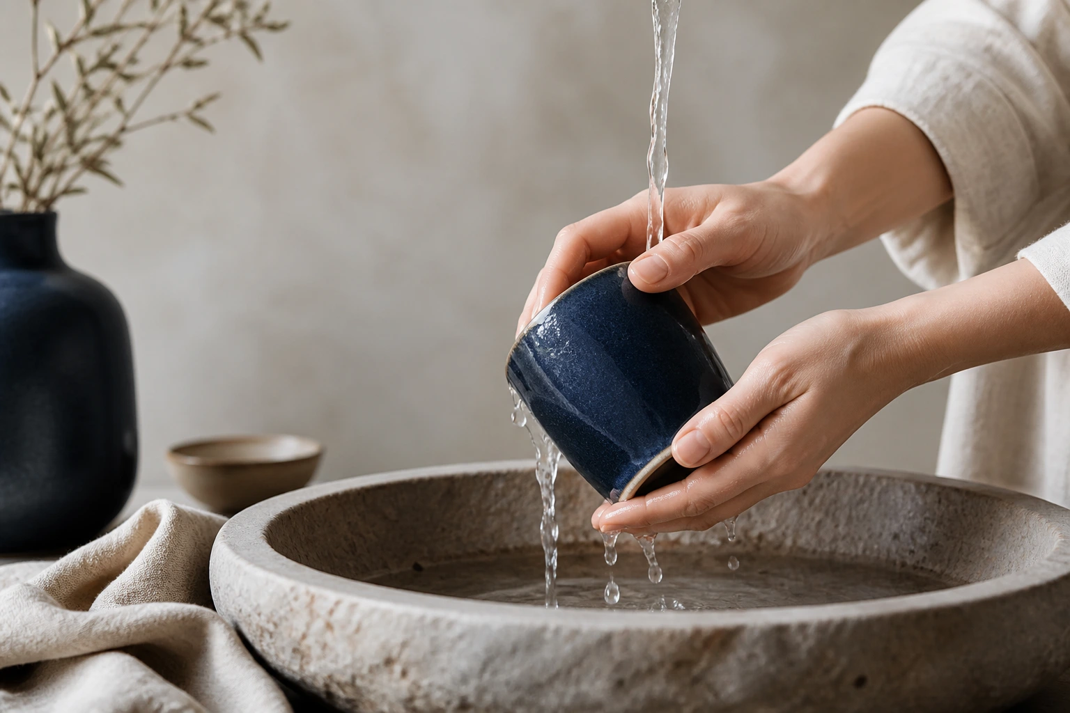 Hands gently rinsing a dark blue handmade ceramic cup over a stone basin