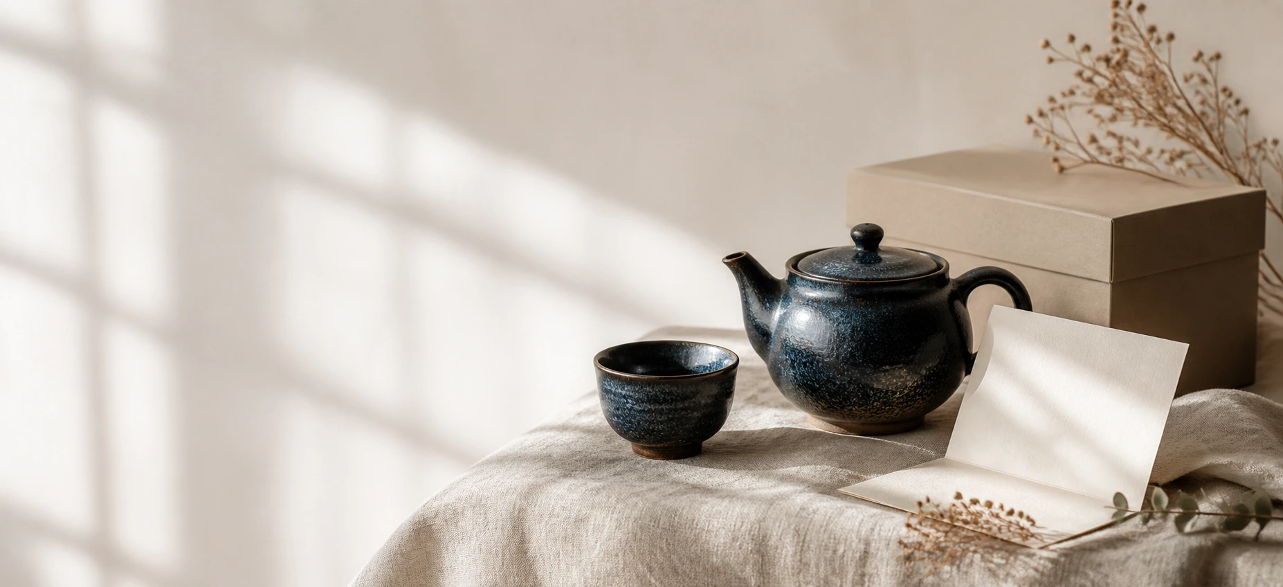 TENMOKU ATELIER teapot, cup and gift box in soft window light