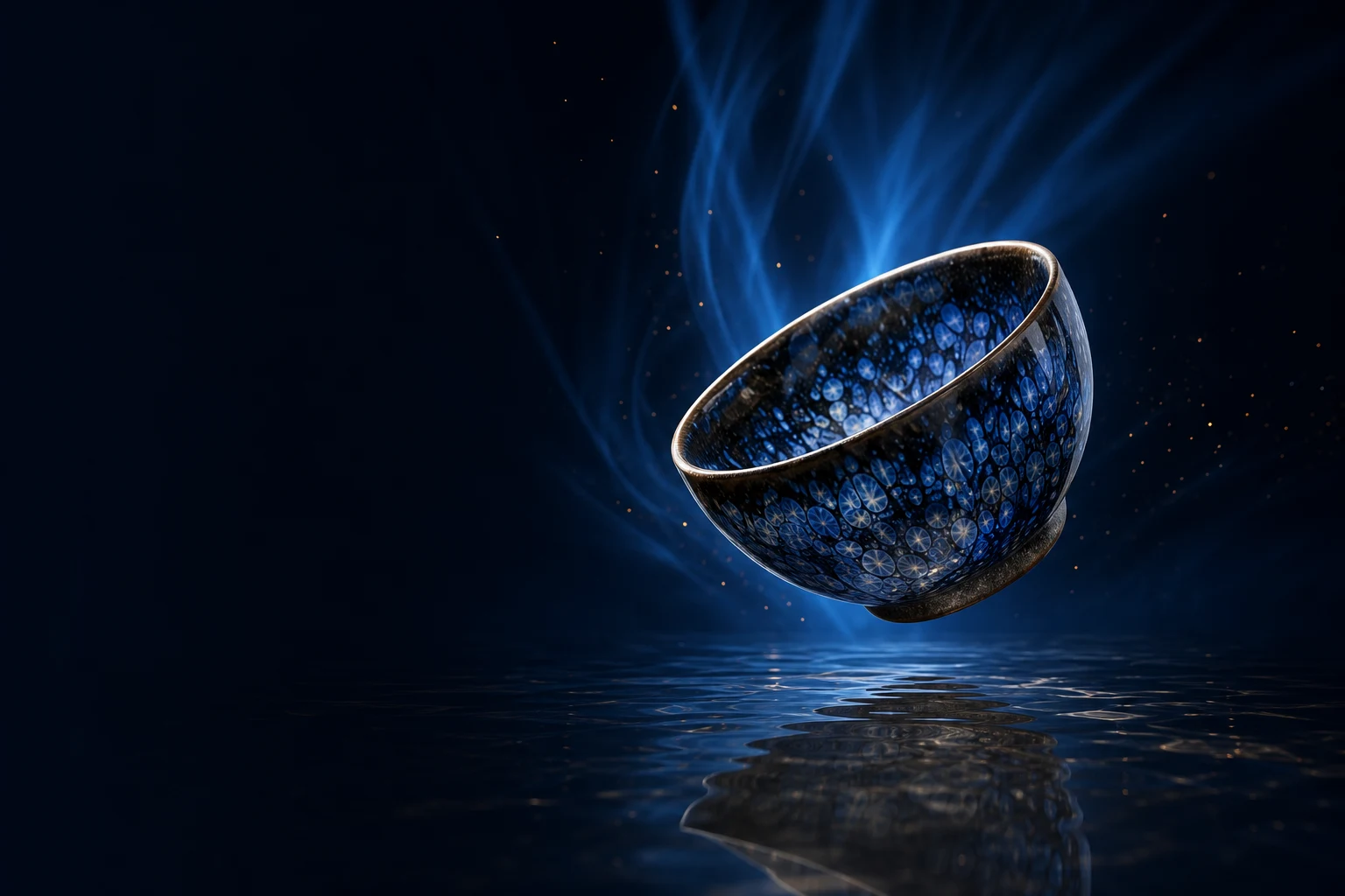 Deep blue Tenmoku tea bowl in a mineral-lit studio
