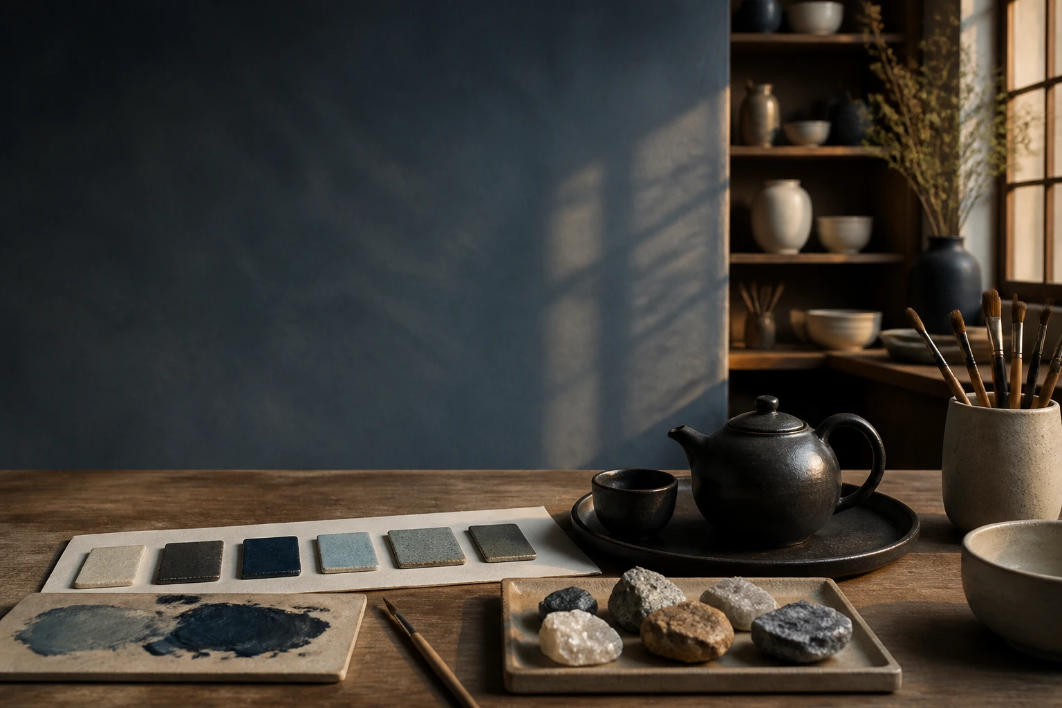 Quiet ceramic studio with glaze samples and handmade teaware