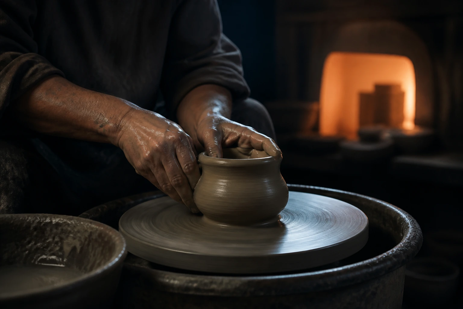 TENMOKU ATELIER ceramicist shaping a handmade vessel on the wheel