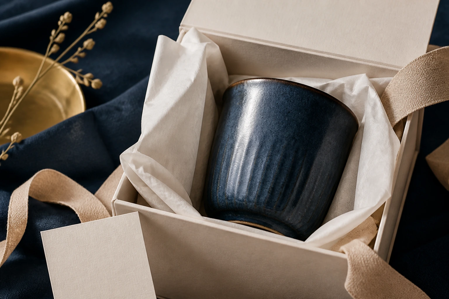 TENMOKU ATELIER gift packaging with a handmade ceramic vessel
