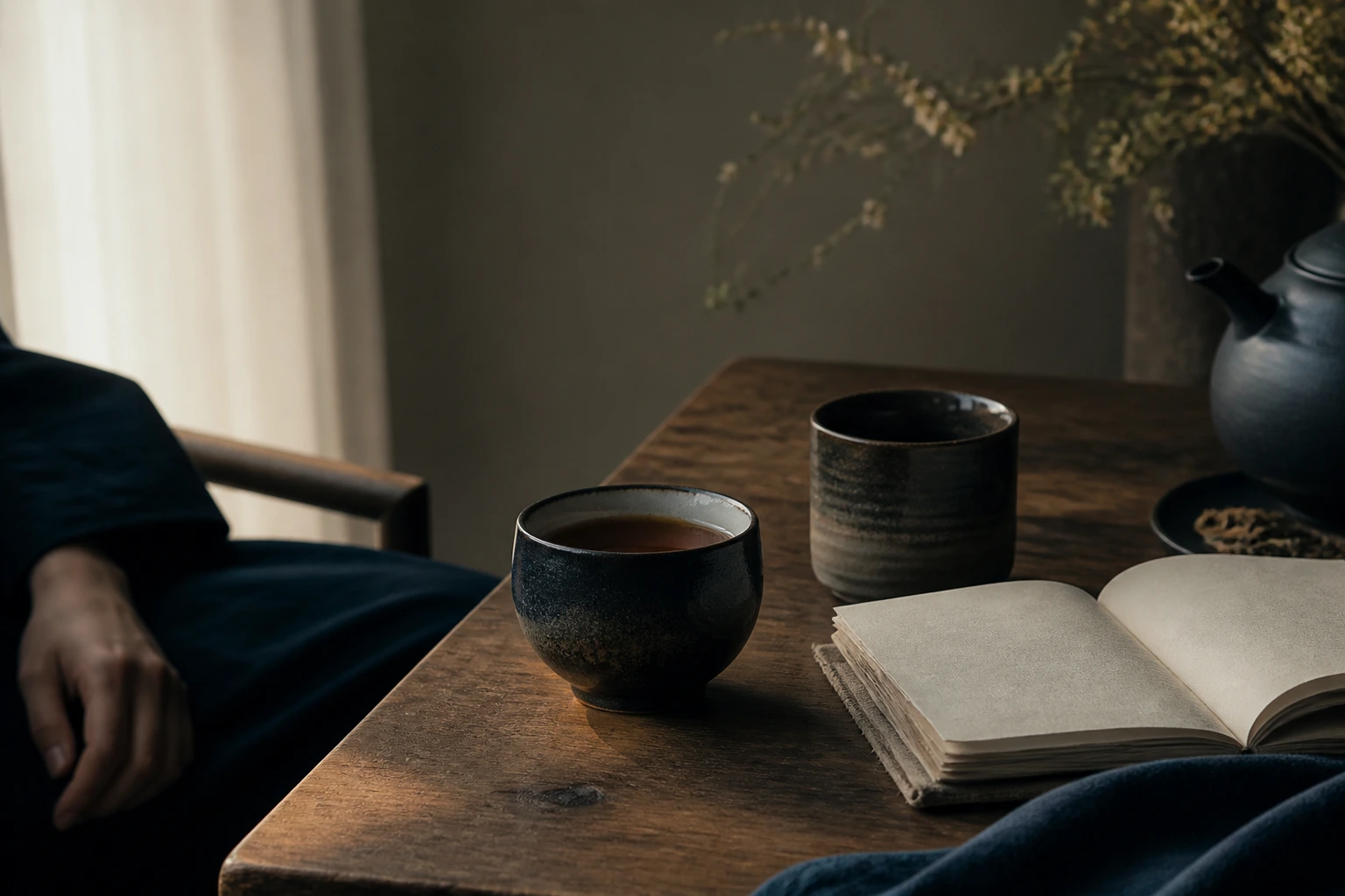 A TENMOKU ATELIER cup on a quiet tea table