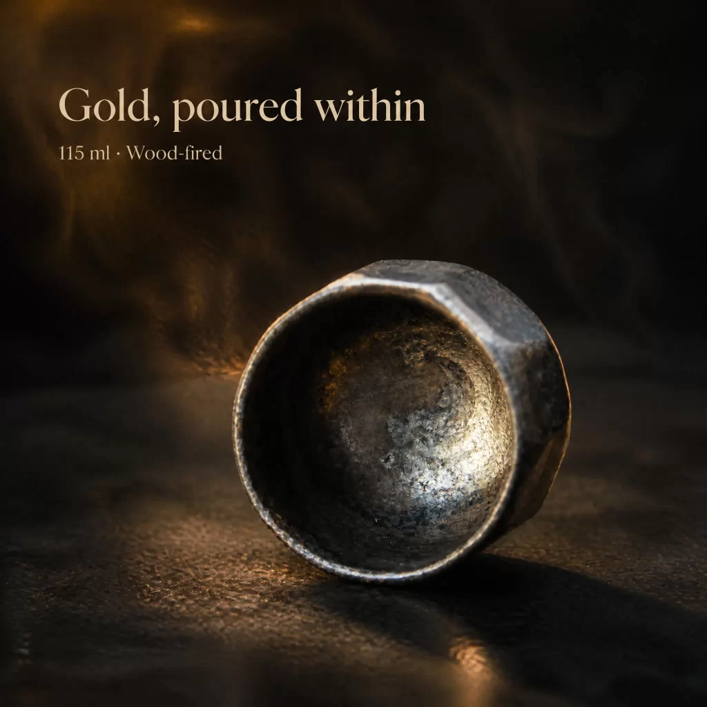 Wood-Fired Jian Zhan Tea Cup — Iron-Clay, Gold-And-Silver Ash Glaze, Flowing Glaze, 115 ml