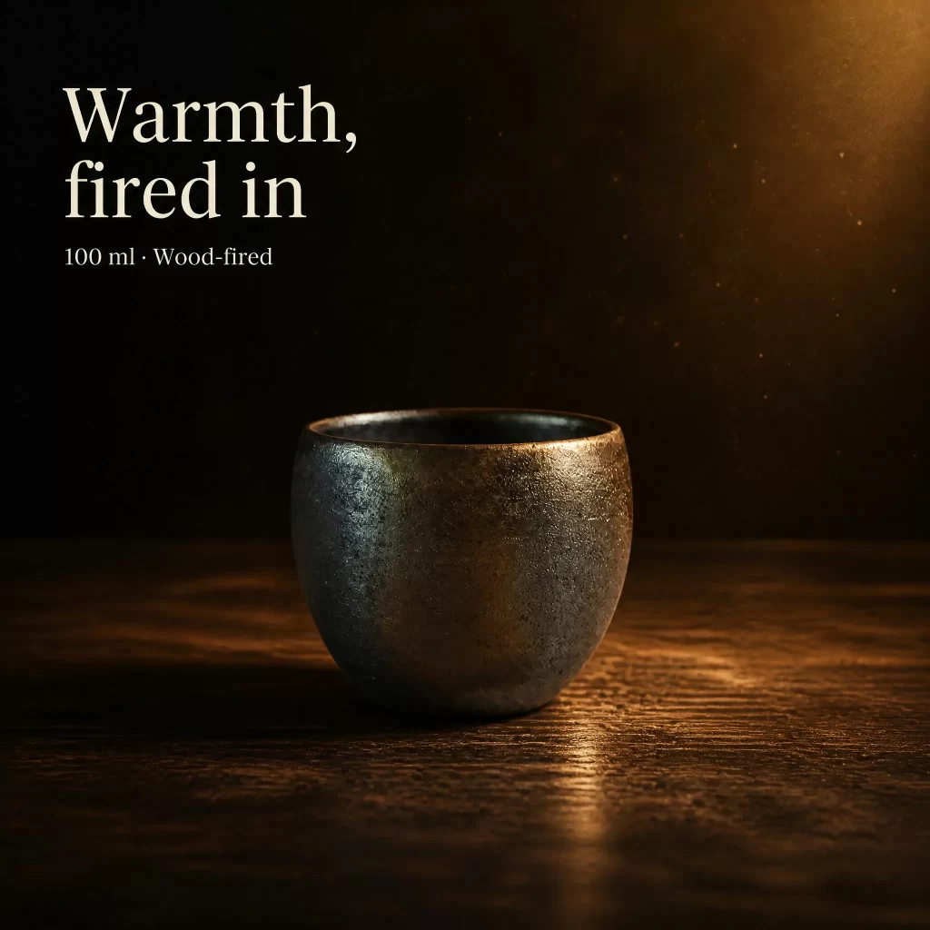 Wood-Fired Jian Zhan Tea Cup — Iron-Clay, Gold-Accented Ash Glaze, Grounded, Understated Character, 100 ml