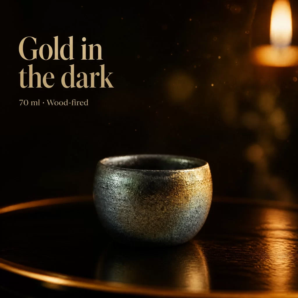 Wood-Fired Jian Zhan Tea Cup — Iron-Clay, Gold-Accented Ash Glaze, Refined Character, 70 ml
