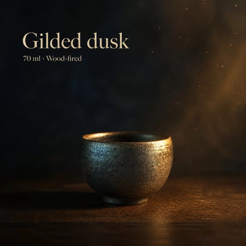 Wood-Fired Jian Zhan Tea Cup — Iron-Clay, Gold-Accented Ash Glaze, Natural Ash Variation, 70 ml