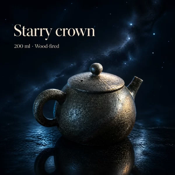 Handmade Wood-Fired Teapot | "Starry Night" Dark Metallic Ash Glaze & Inner Fire Marks, 200 ml glaze