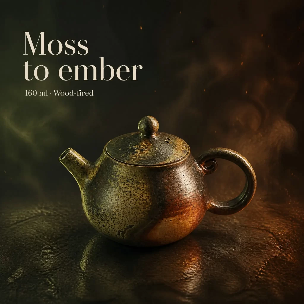 Handmade Wood-Fired Teapot | Natural Ash Glaze & Dramatic Fire Marks, Contrasting Metallic Rust Finish, 160 ml