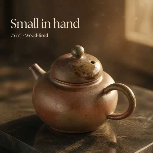 Handmade Wood-Fired Iron Clay Teapot | Natural Glaze Gongfu Tea Pot with Fruitwood Firing, 75 ml glaze