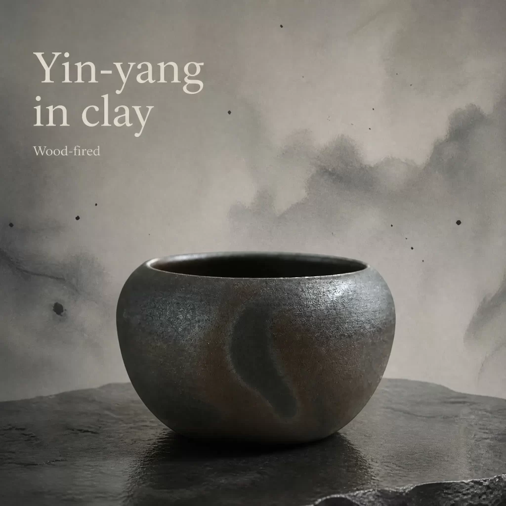 Wood-Fired Jian Zhan Teapot Stand — Iron-Clay, Natural Taiji Pattern, Natural Ash Variation