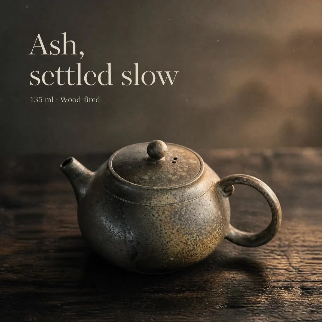 Wood-Fired Jian Zhan Teapot — Ruyi Handle, Fine-Clay, Heavy Natural Ash, Natural Ash Variation, 135 ml