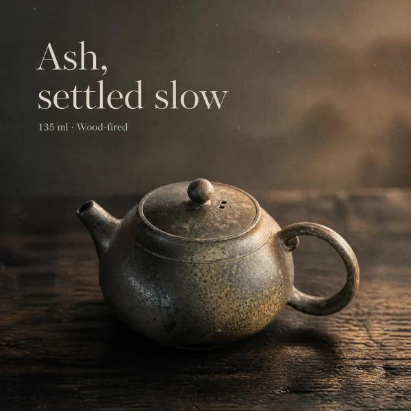 Wood-Fired Jian Zhan Teapot — Ruyi Handle, Fine-Clay, Heavy Natural Ash, Natural Ash Variation, 135 ml