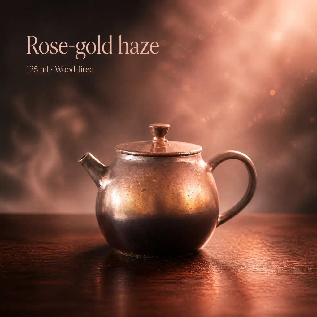 Wood-Fired Jian Zhan Teapot — Heng, Fine-Clay, Contrasting Sides, Rose-Gold Glaze, 125 ml