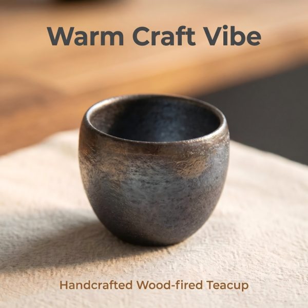 Handmade Wood-Fired Teacup, 100cc Iron Clay Golden Iridescent Finish Minimalist Modern Style