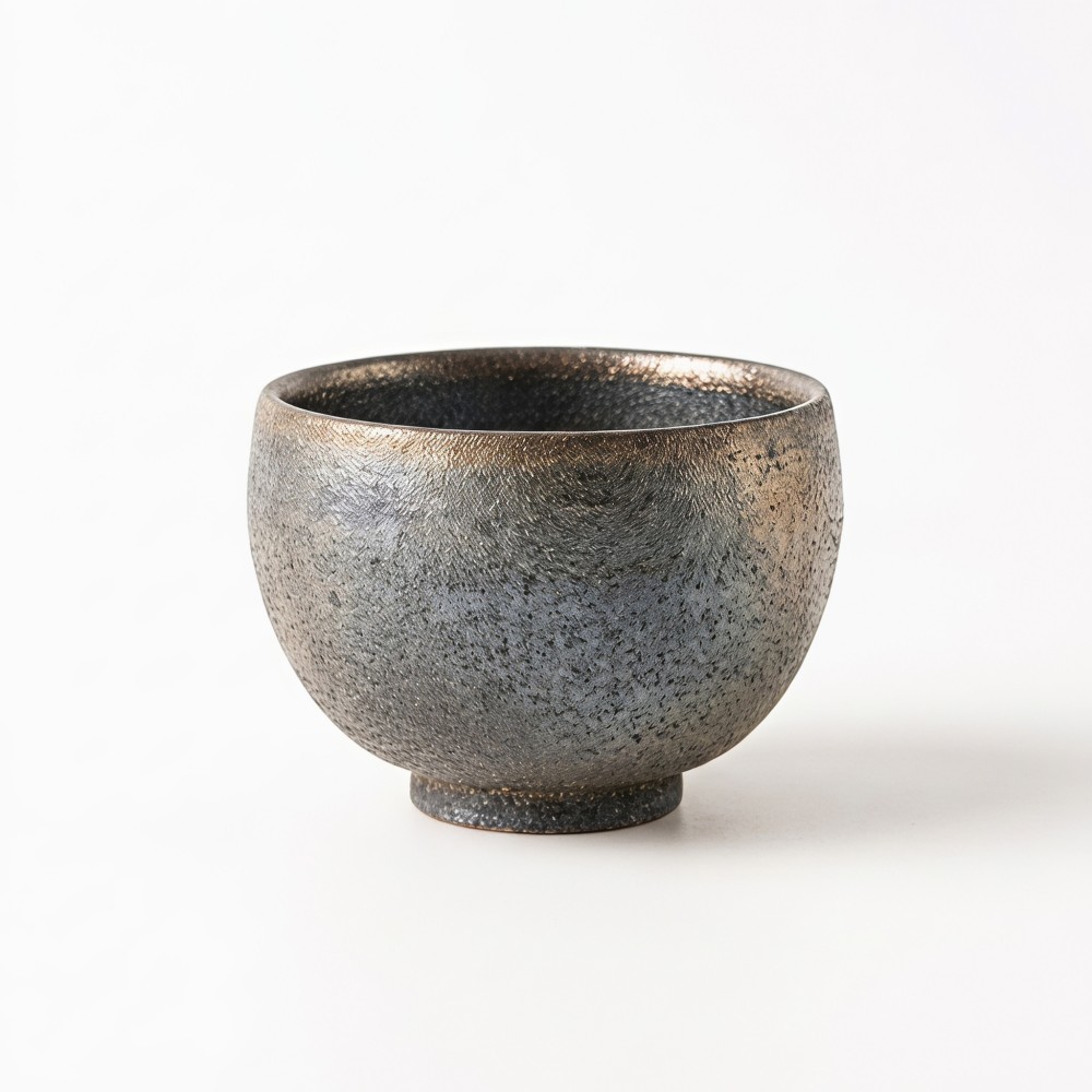 70cc Handmade Wood-Fired Tea Cup, Iron Clay Gold Glaze detail 2