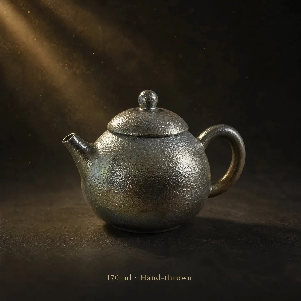 Wood-Fired Jian Zhan Teapot — Qingyang, Iron-Clay, Golden Lustrous Glaze, Natural Ash Variation, 170 ml detail 2