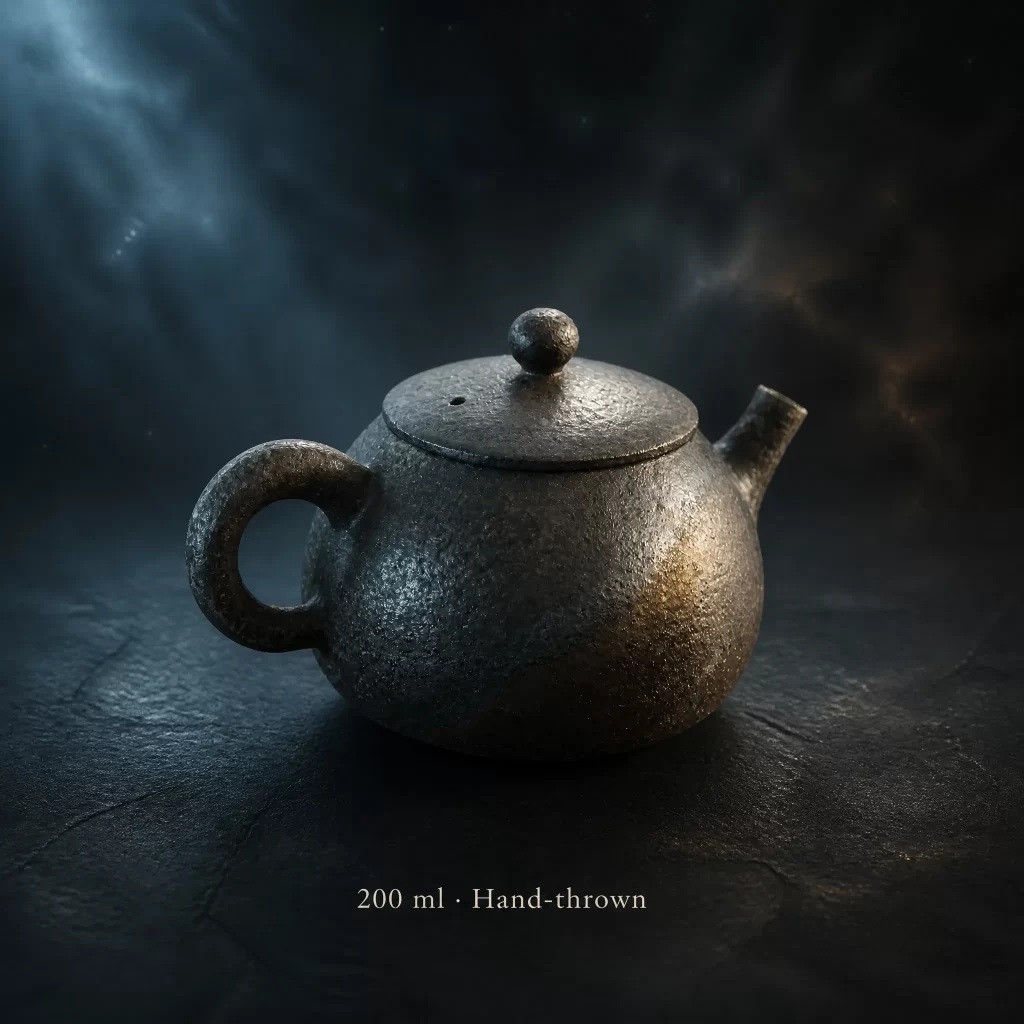 Handmade Wood-Fired Teapot | "Starry Night" Dark Metallic Ash Glaze & Inner Fire Marks, 200 ml detail 2