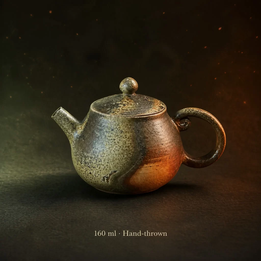 Handmade Wood-Fired Teapot | Natural Ash Glaze & Dramatic Fire Marks, Contrasting Metallic Rust Finish, 160 ml detail 2