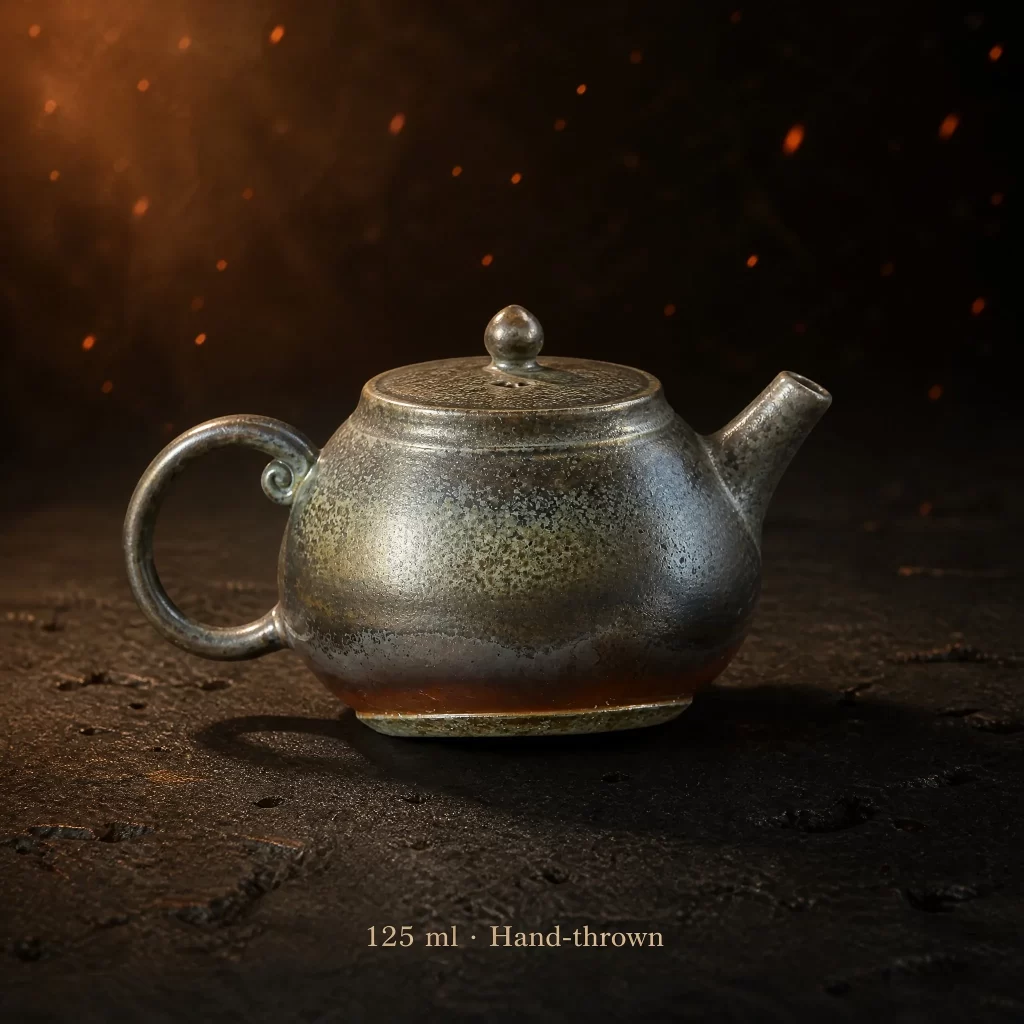 Handmade Wood-Fired Fine Clay Teapot | Distinct Fire Marks & Metallic Glaze for Gongfu Tea, 125 ml detail 2