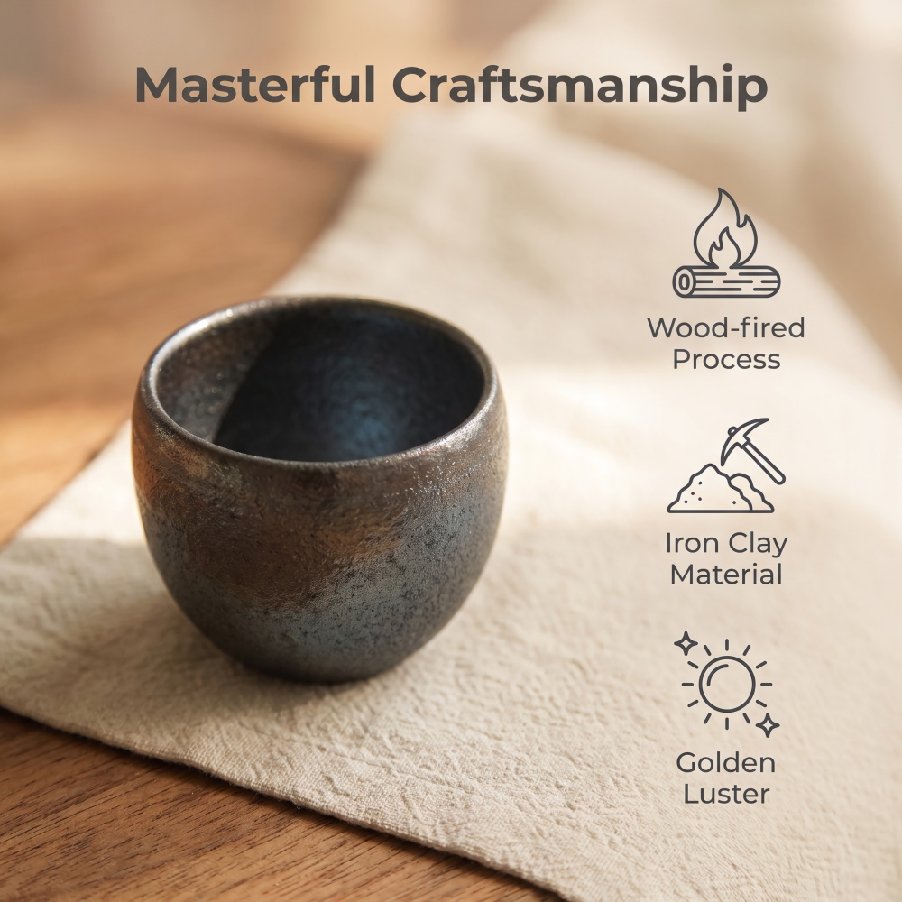 Handmade Wood-Fired Teacup, 100cc Iron Clay Golden Iridescent Finish Minimalist Modern Style detail 2