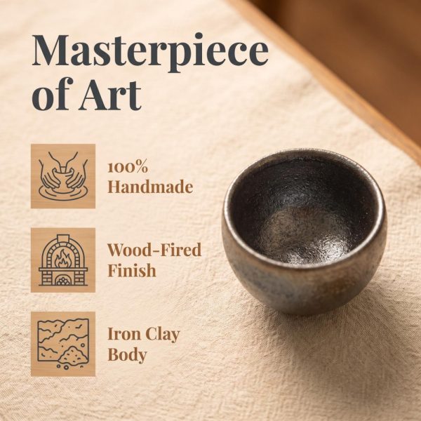 70cc Handmade Wood-Fired Tea Cup, Iron Clay Gold Glaze