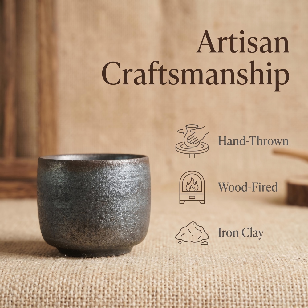 85cc Hand-Thrown Wood Fired Teacup, Iron Tire Clay, Minimalist Design detail 2