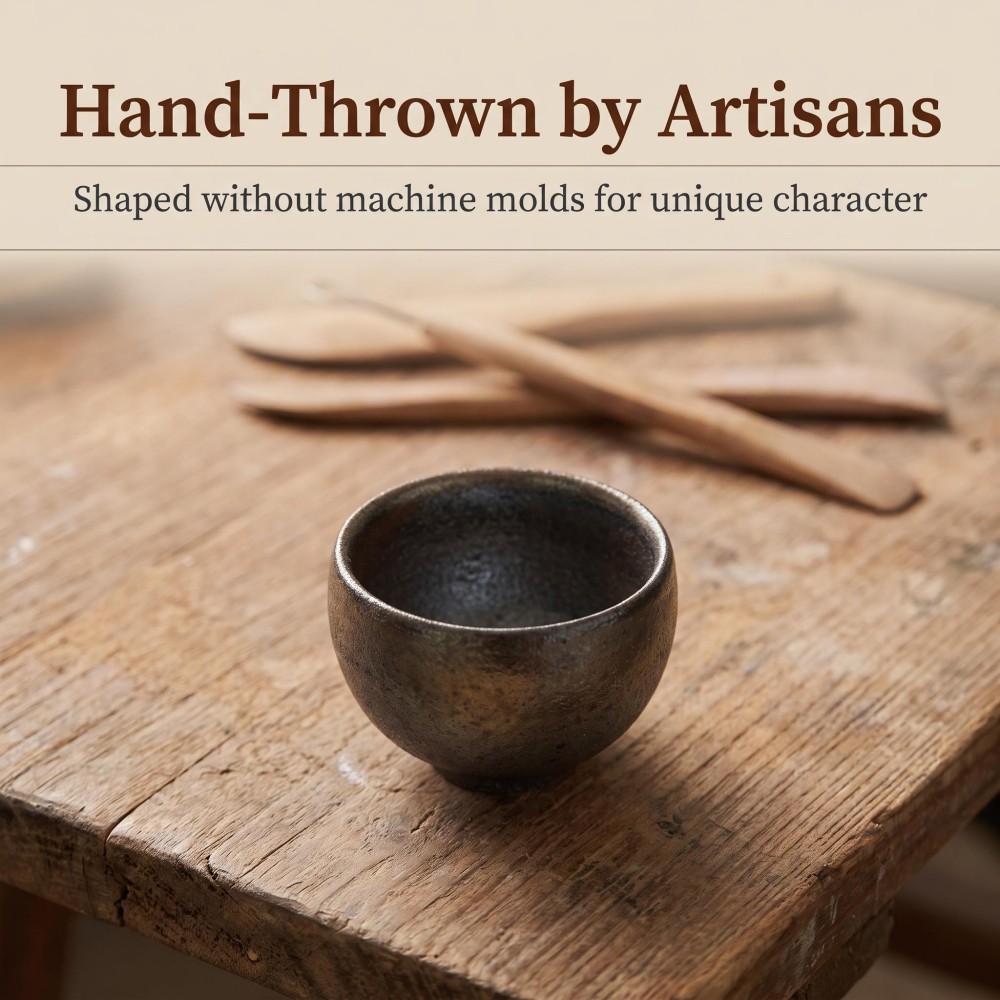 70cc Handmade Wood-Fired Tea Cup, Iron Clay Gold Glaze detail 3
