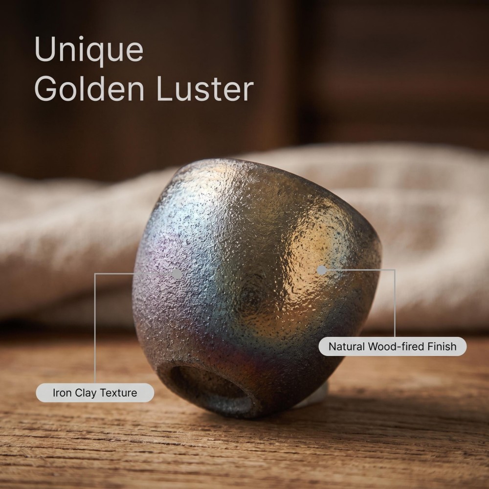 Handmade Wood-Fired Teacup, 100cc Iron Clay Golden Iridescent Finish Minimalist Modern Style detail 4