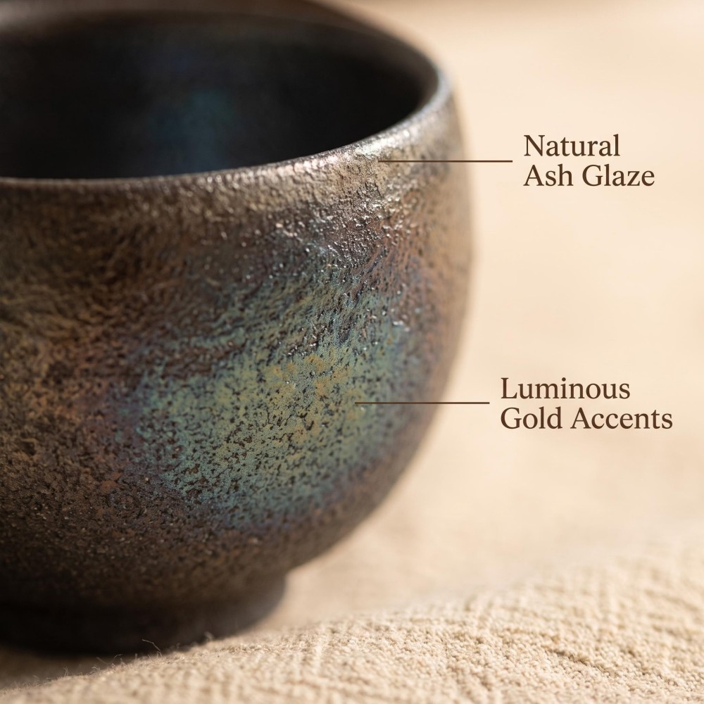 70cc Handmade Wood-Fired Tea Cup, Iron Clay Gold Glaze detail 4