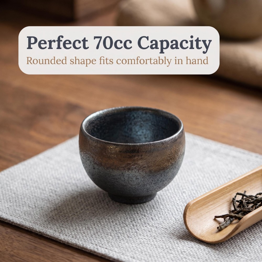70cc Handmade Wood-Fired Tea Cup, Iron Clay Gold Glaze detail 5
