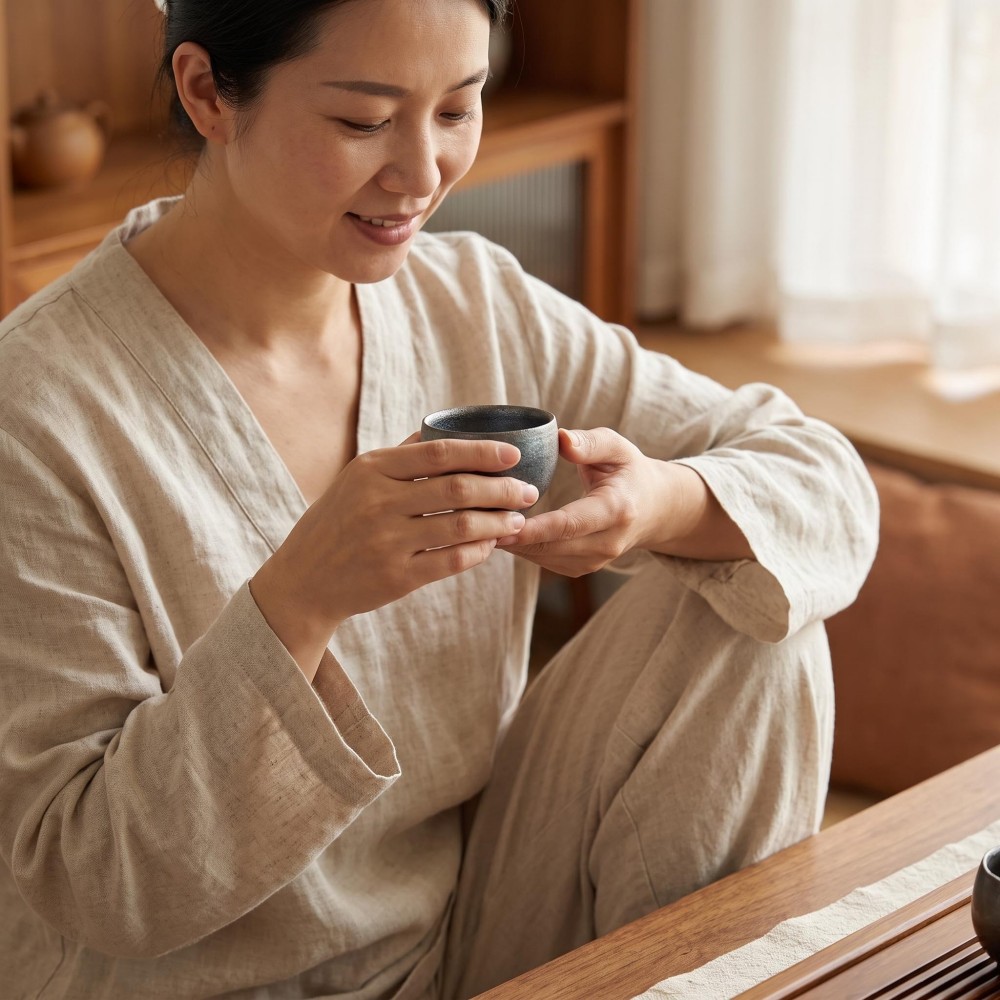 70cc Handmade Wood-Fired Tea Cup, Iron Clay Gold Glaze detail 6