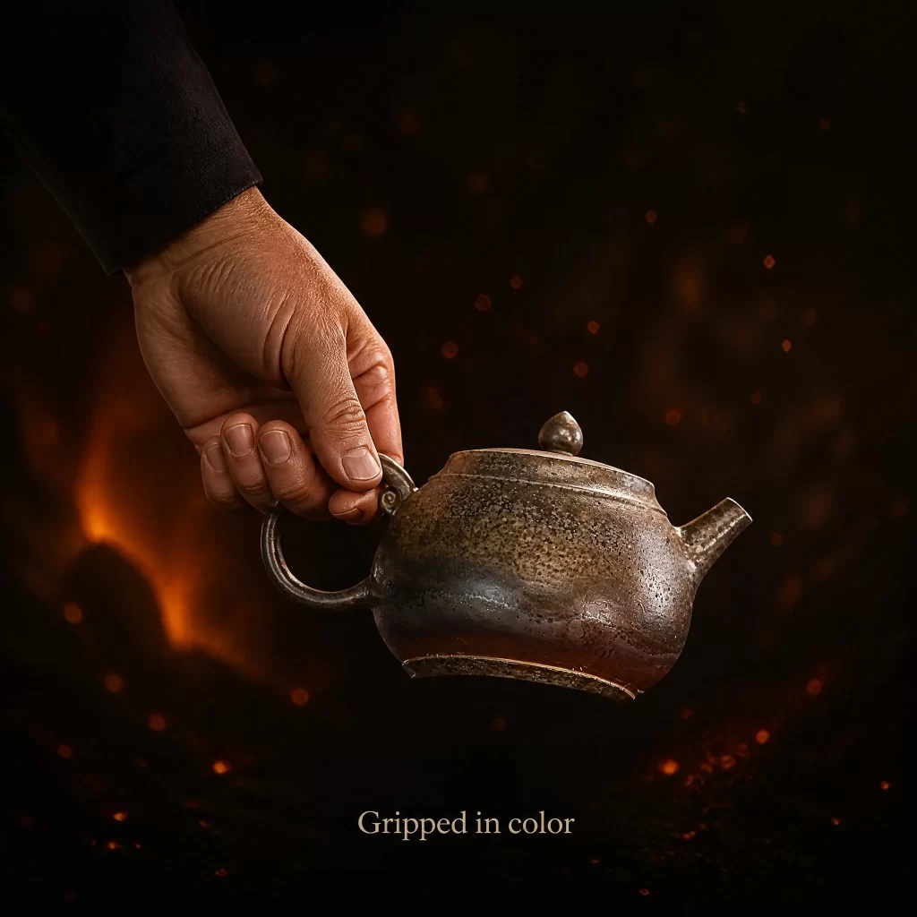 Handmade Wood-Fired Fine Clay Teapot | Distinct Fire Marks & Metallic Glaze for Gongfu Tea, 125 ml detail 7