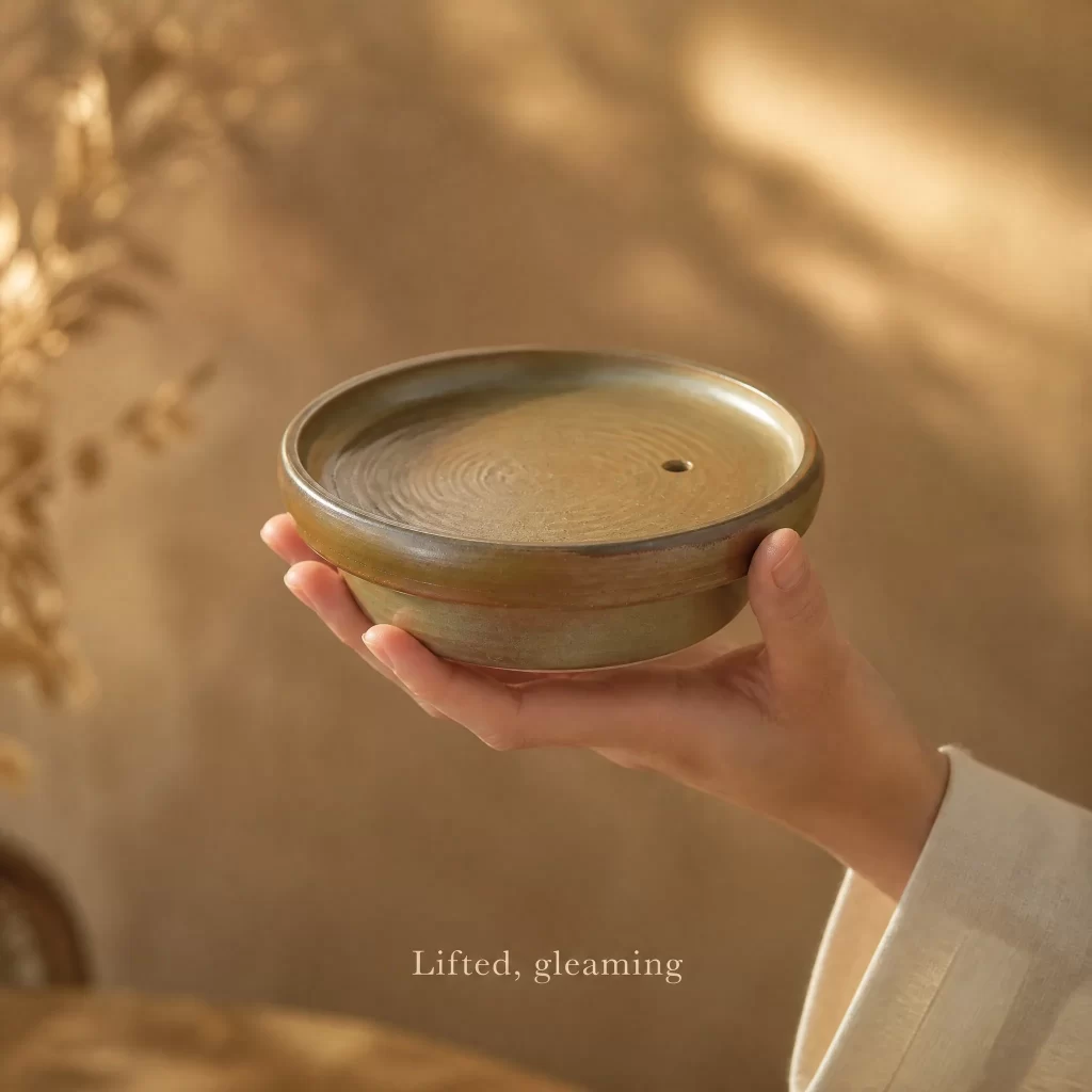 Wood-Fired Jian Zhan Teapot Stand — Fine-Clay, Champagne-Gold Glaze, Natural Ash Variation detail 7