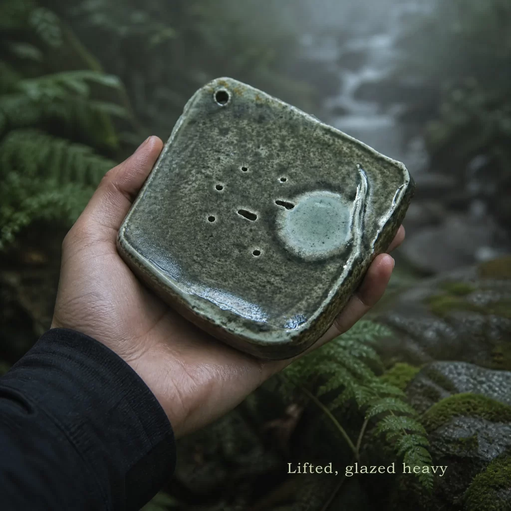 Wood-Fired Jian Zhan Teapot Stand — Zhihuan, Rough-Clay, Moss-Toned Glaze, Kiln-Tear Texture detail 7