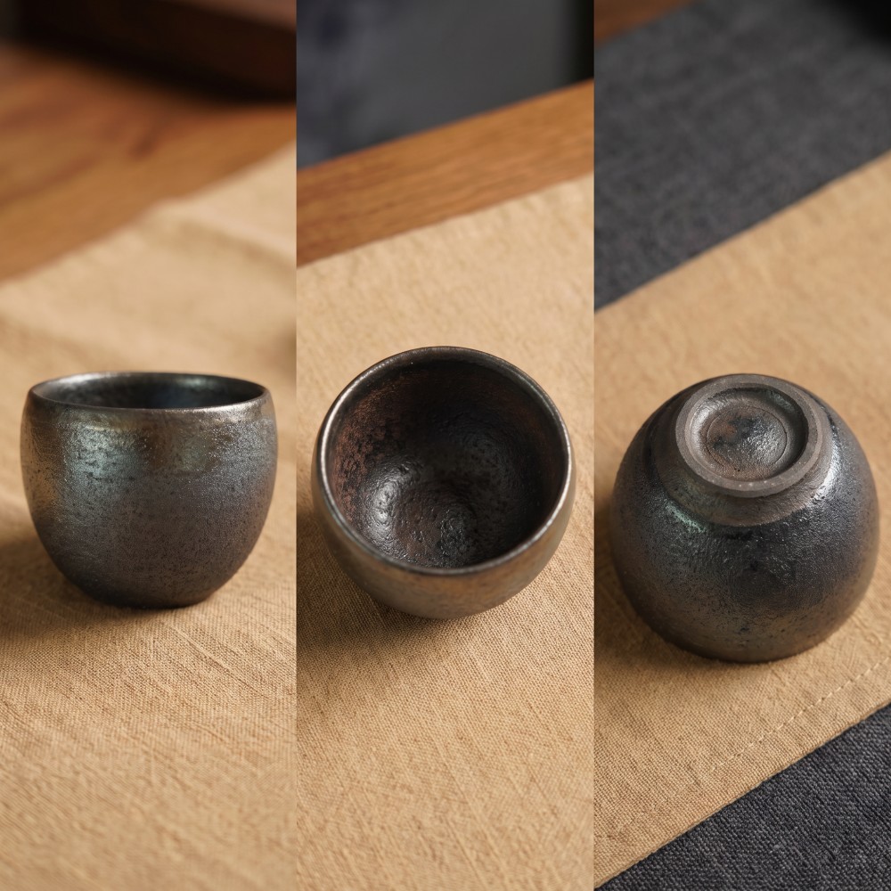 Handmade Wood-Fired Teacup, 100cc Iron Clay Golden Iridescent Finish Minimalist Modern Style detail 7