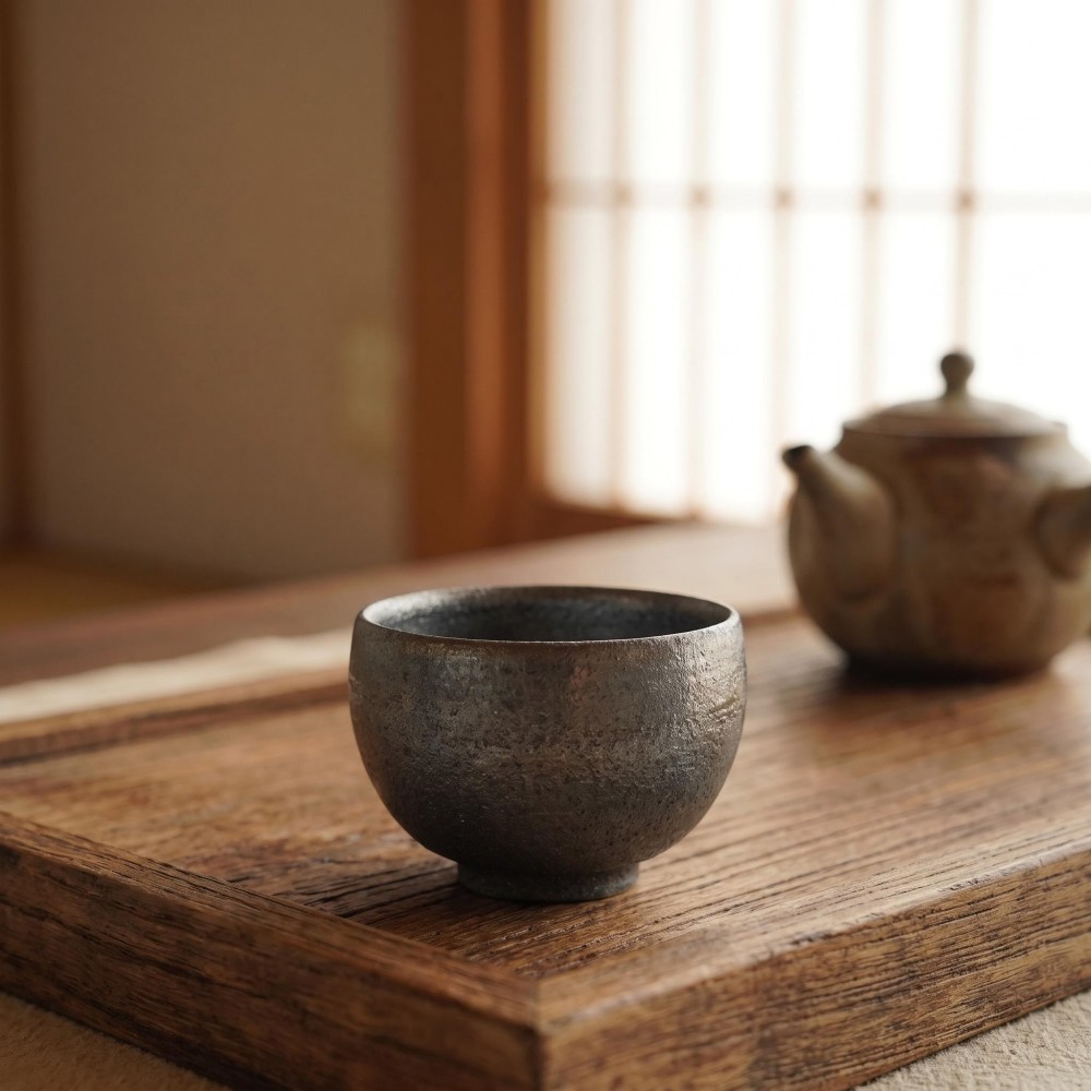 70cc Handmade Wood-Fired Tea Cup, Iron Clay Gold Glaze detail 7